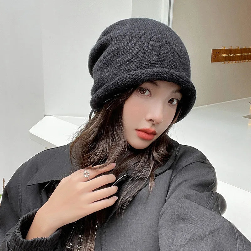 Knitted Bonnet Hoods Female Winter Warm Baggy Slouchy Beanies Hat Women Fashion Drawstring Pullover Cold Hats for Ladies Winter Oasis Select