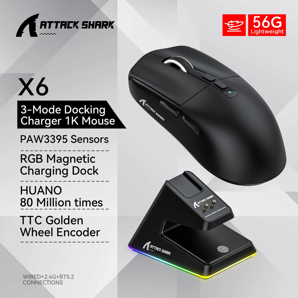 ATTACK SHARK X6 Magnetic Fast Charging Gaming Mouse wireless 56g-PAW3395 26K DPI, Tri-Mode BT5.2/2.4G/Wired，200H Battery, RGB Oasis Select X6 Blac