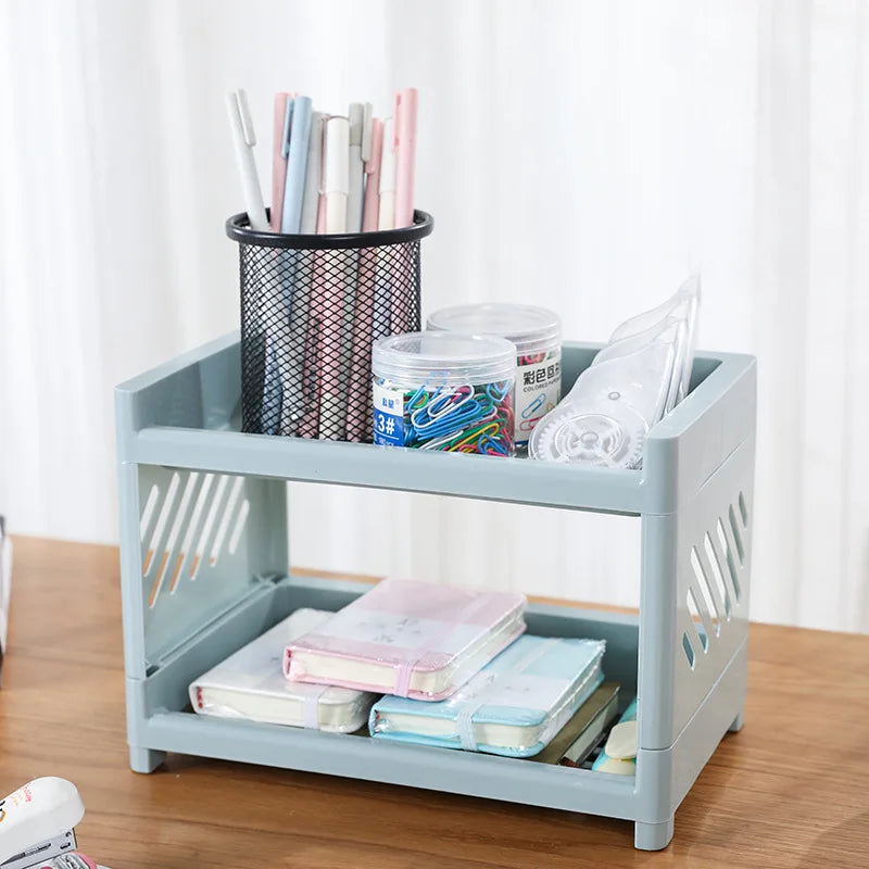 PP Desktop Double Layer Storage Rack Rectangular White Organizing Student Desk Office Cosmetics Stationery Shelf Oasis Select 2pcs blue