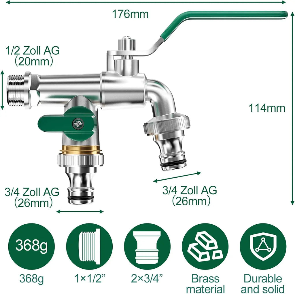 Garden Hose Brass Tap Faucet Adapter 1/2'' IBC Water Tank Connector 2-Way 1-Way Irrigation Joint Replacement Fitting Ball Valve Oasis Select Green