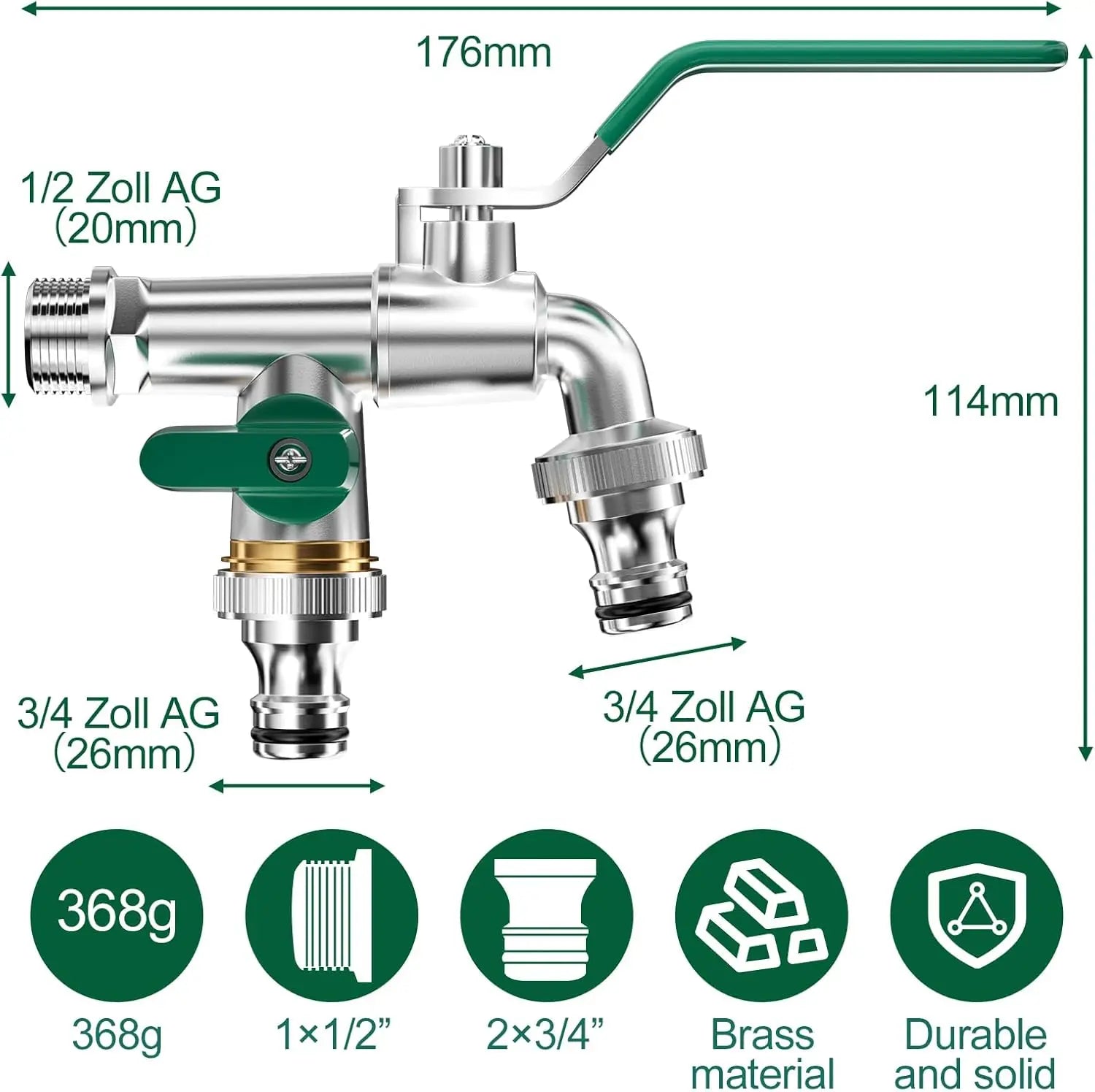 Garden Hose Brass Tap Faucet Adapter 1/2'' IBC Water Tank Connector 2-Way 1-Way Irrigation Joint Replacement Fitting Ball Valve Oasis Select Green