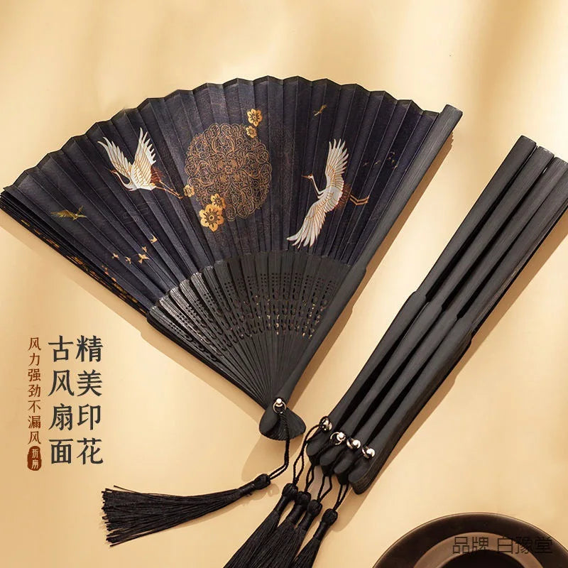 Ancient Style Folding Fan Embroidery Fringe Hanfu Holding Dance Props Fan Hand Held Fan Oasis Select