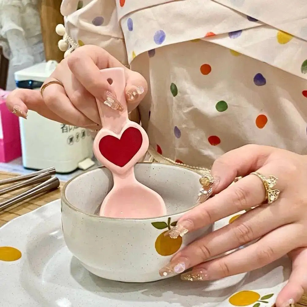 Cute Bear Heart-Shaped Ceramic Spoon Children's Rice Spoon Dessert Spoon Kitchen Tablewear Oasis Select Pink Love