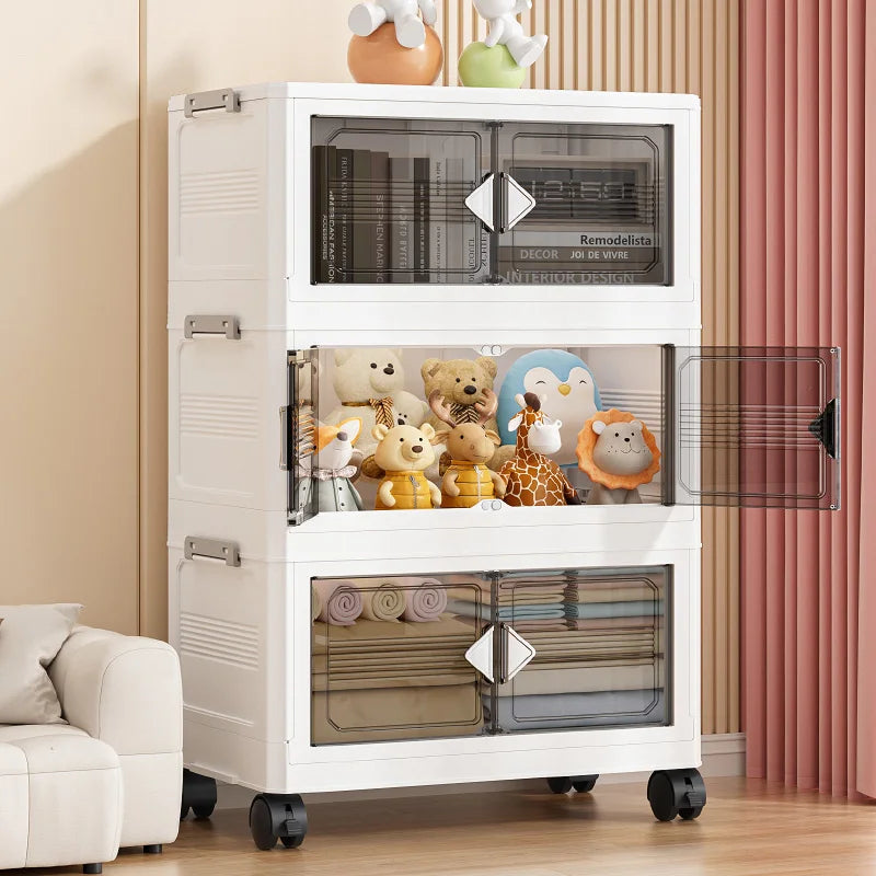 Foldable 55cm Width Plastic Storage Box Wheeled Multi-layer Clothing Cabinet Organizer for Books/Kitchen Supplies/Wears Oasis Select
