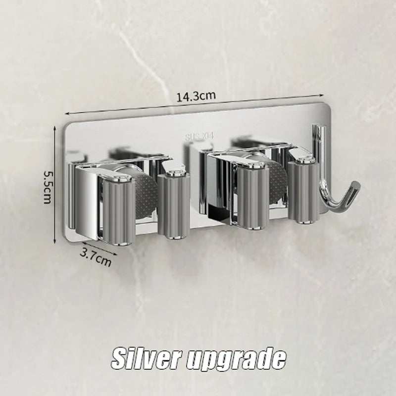 1-3PCS Stainless Steel Household Storage Rack Bathroom Nail-free Hook Wall-mounted Mop Storage Rack Waterproof Broom Rack Oasis Select Silver upgrade