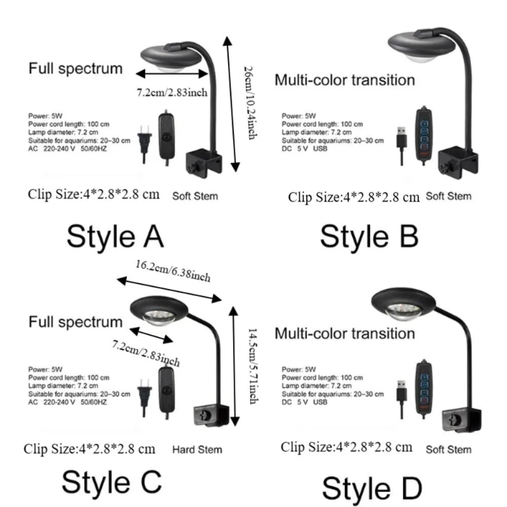Full Spectrum Fish Tank Clip Lamp Adjustable Brightness Flexible Stem Aquatic Plant Grow Light Low Flicker Frequency Oasis Select