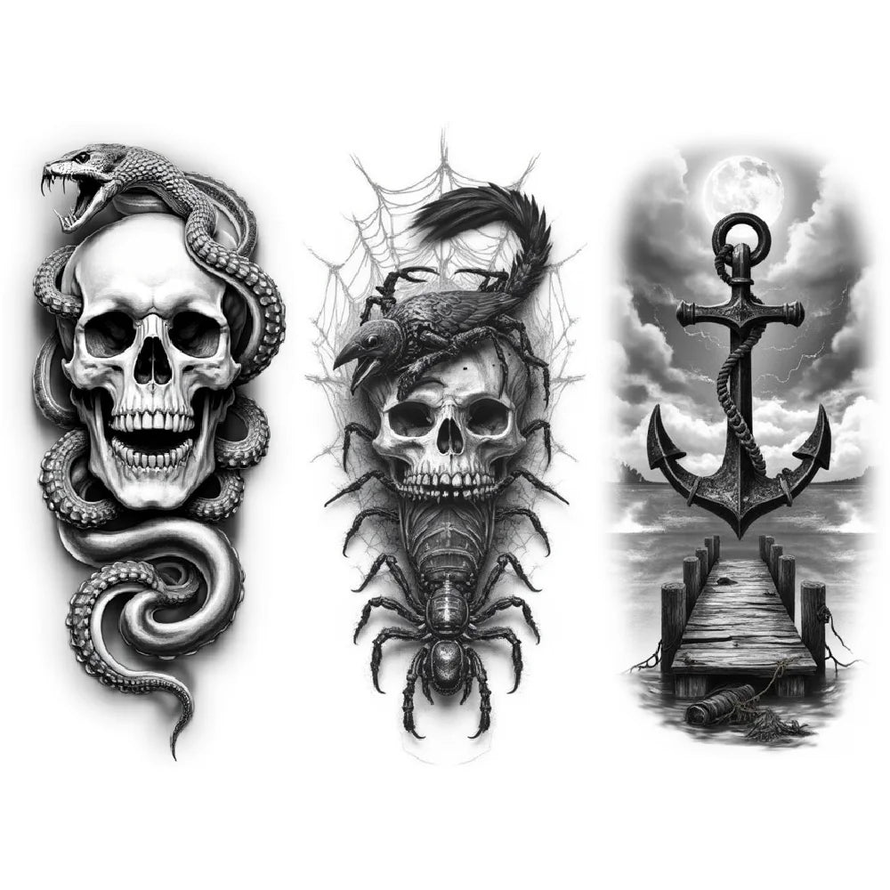 3-Pack Black & Grey Realism Temporary Tattoos – Roses & Skeleton
