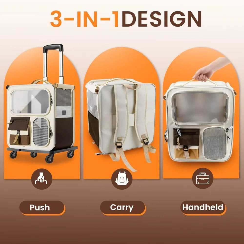 Durable Foldable Rolling Cat Carrier with Wheels for Large Cats Small Dogs Up To 25 LBS Travel Walking Camping Handbag Dog Bag Oasis Select