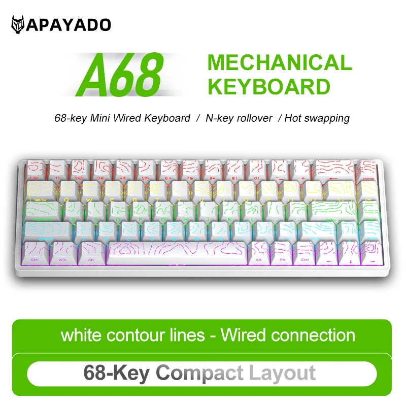 APAYADO A68 Hot-Swappable Mechanical Keyboard, 68-Key Compact, RGB Backlight, Blue/Red Switch Options, NKRO for Gaming Oasis Select White contour lines Red Switch