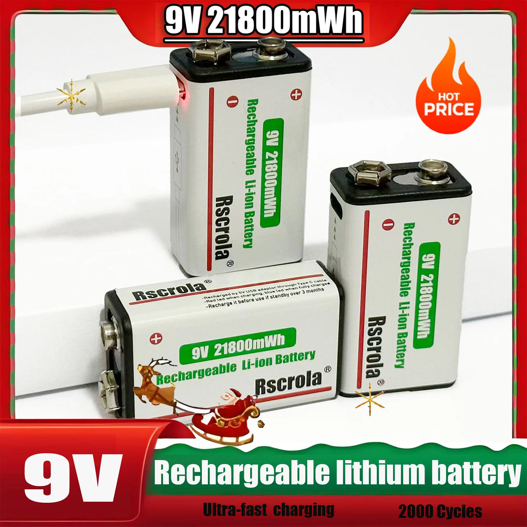 Long-Lasting 9V Lithium ion Rechargeable Battery 21800mWh High Capacity for Guitar Microphone Smoke Detector Pedal with Cable Oasis Select