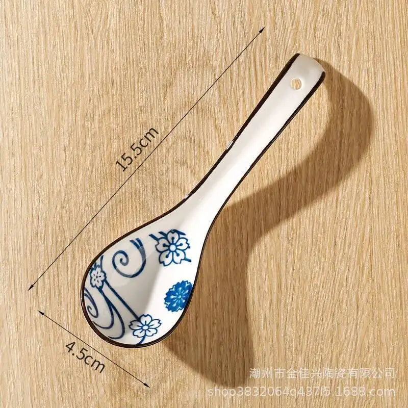 Japanese-style Small Blue And White Ceramic Spoon With Underglaze Decoration, Extended Length For Soup And Noodle Serving Oasis Select 11