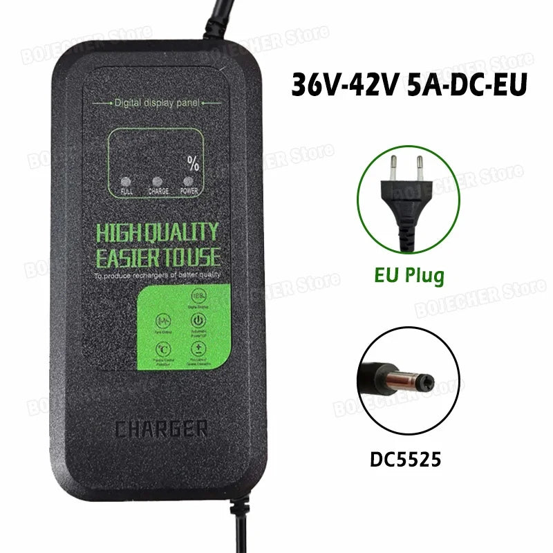36V 42V / 48V 54.6V 2A 5A Digital Display Lithium Battery Charger Newly Upgraded Power Supply Adapters DC5525 With Fan EU Plug Oasis Select LED 42V 5A DC EU