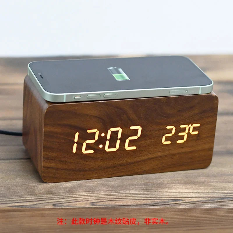 Wood-grain Electronic Desktop Clock Alarm Clock Living Room Retro Digital Log Smart Desk Clock Oasis Select C Plugged In