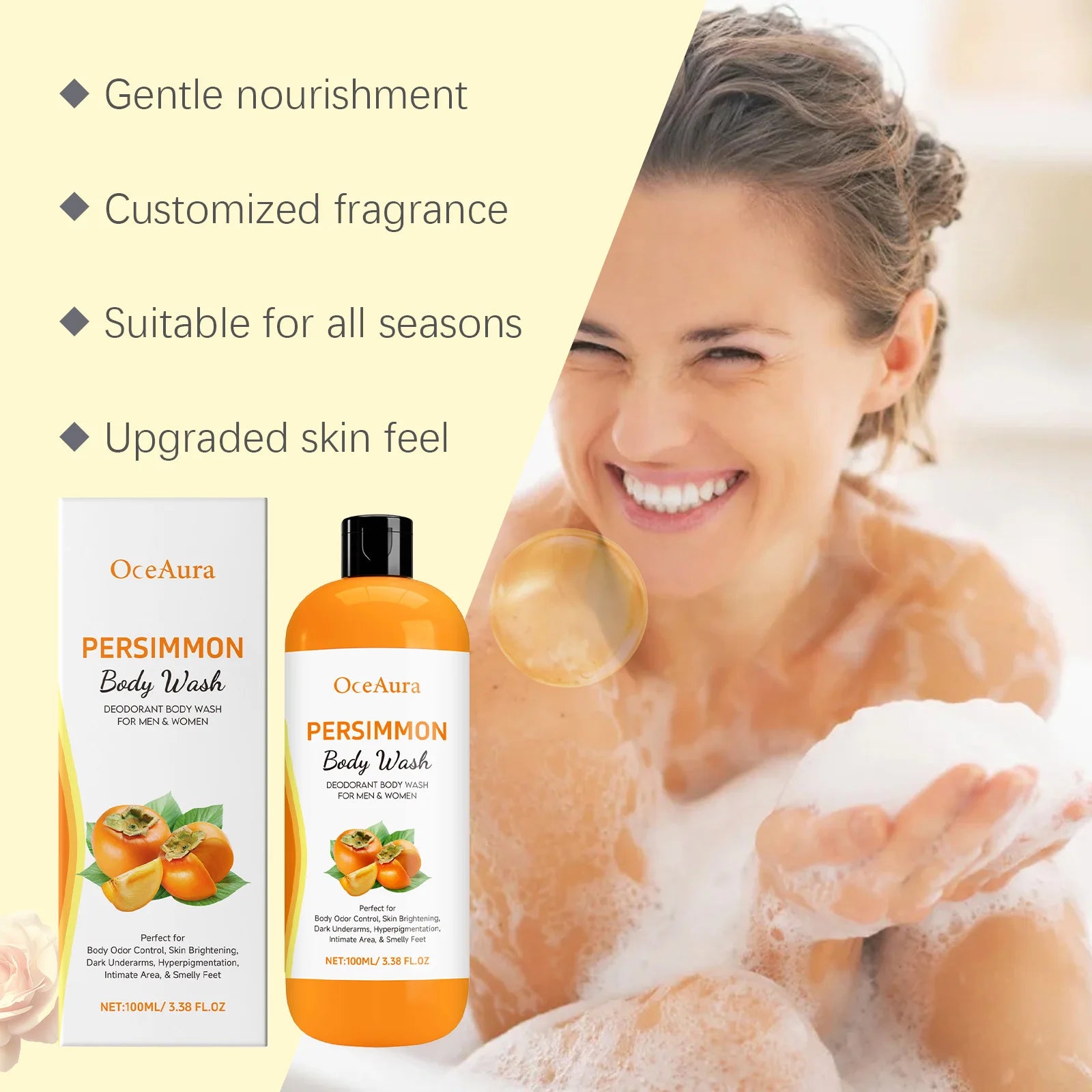 Persimmon Body Wash Gel Gentle Cleansing Moisturizing Skin Exfoliating Shower Gel Smooth Soft Body Odor Remover Bath Products Oasis Select