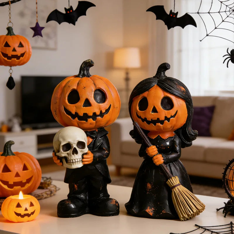 2 pieces of best-selling new Halloween pumpkin couple resin statues, broom Gothic-style statue decorative item Oasis Select
