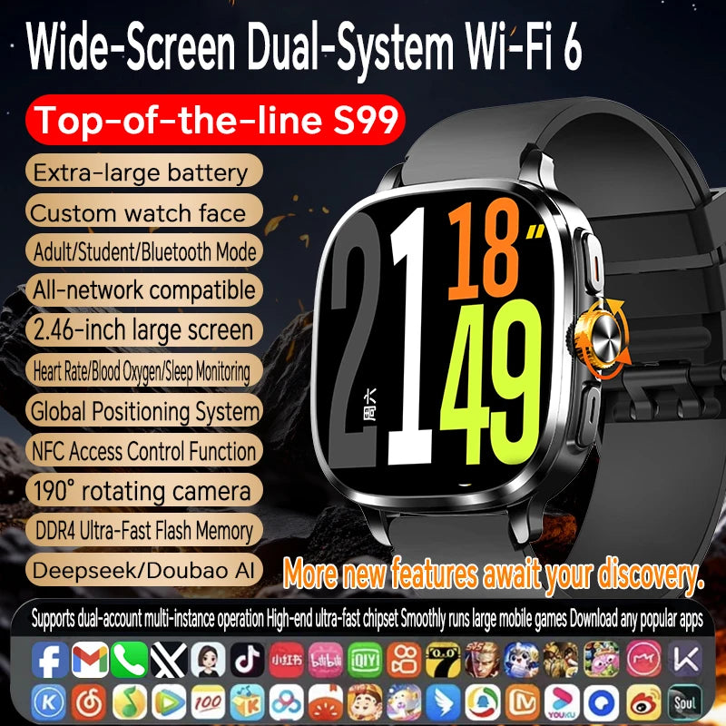 S99 Smartwatch 2.4inch Larger Amoled Screen Android 10.0 5G LTE Smart Watch With 190° Rotating Camera 2100Mah Battery App Store Oasis Select