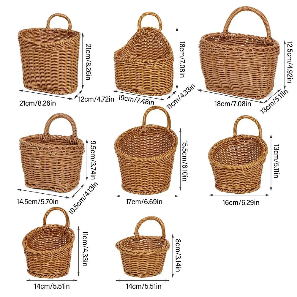 Imitation Rattan Kitchen Storage Basket with Handle Brown Hand-woven Hanging Baskets Home Decoration Living Room Oasis Select