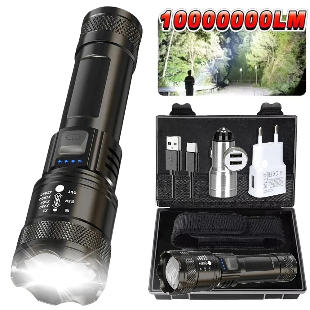 Super Bright LED Flashlight Type-C Rechargeable Long Range Tactical Torch Outdoor Waterproof Emergency Camping Fishing Lantern Oasis Select SET