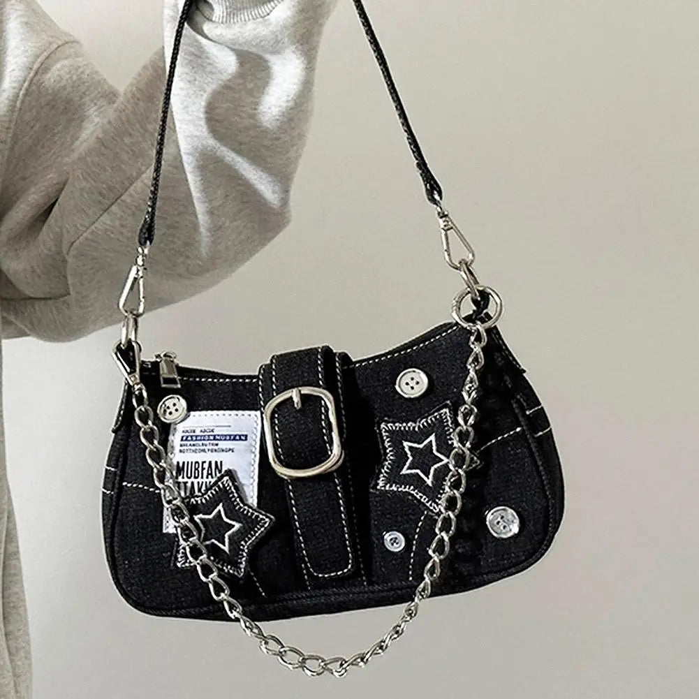 Y2K Canvas Star Pattern Women's Shoulder Bag | Chain Tote