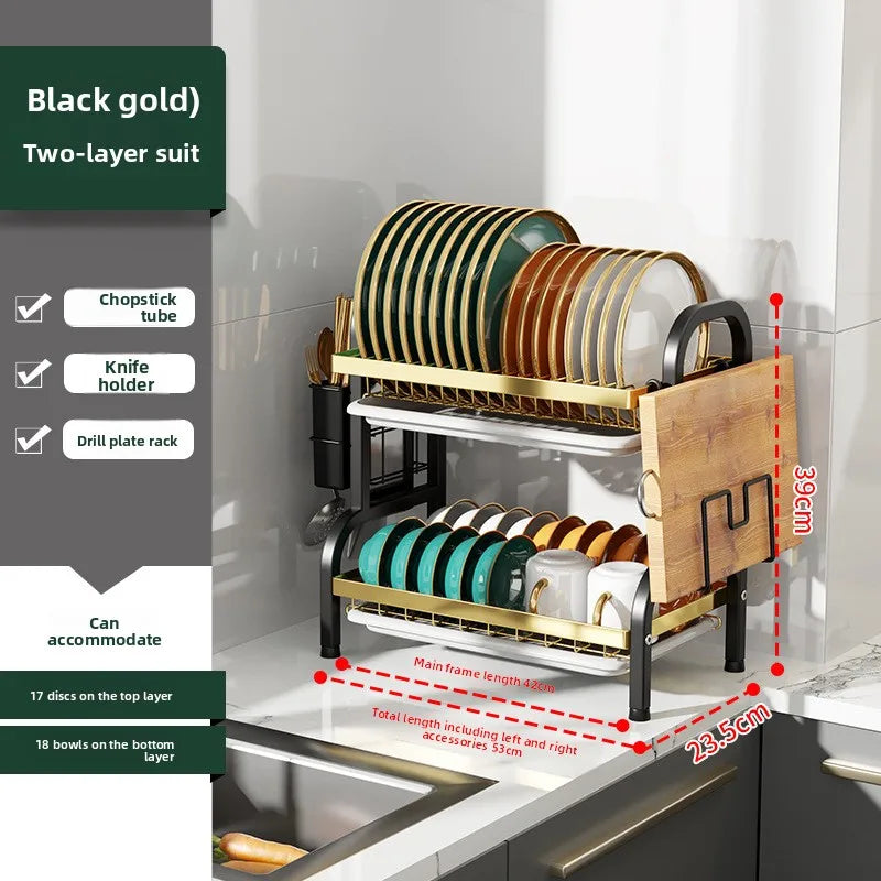 Kitchen Storage Artifact H-Type Dish Rack Drain Rack Multi-layer Multifunctional Bowl Rack Chopstick Rack Kitchen Shelf Oasis Select HJ two-layer set