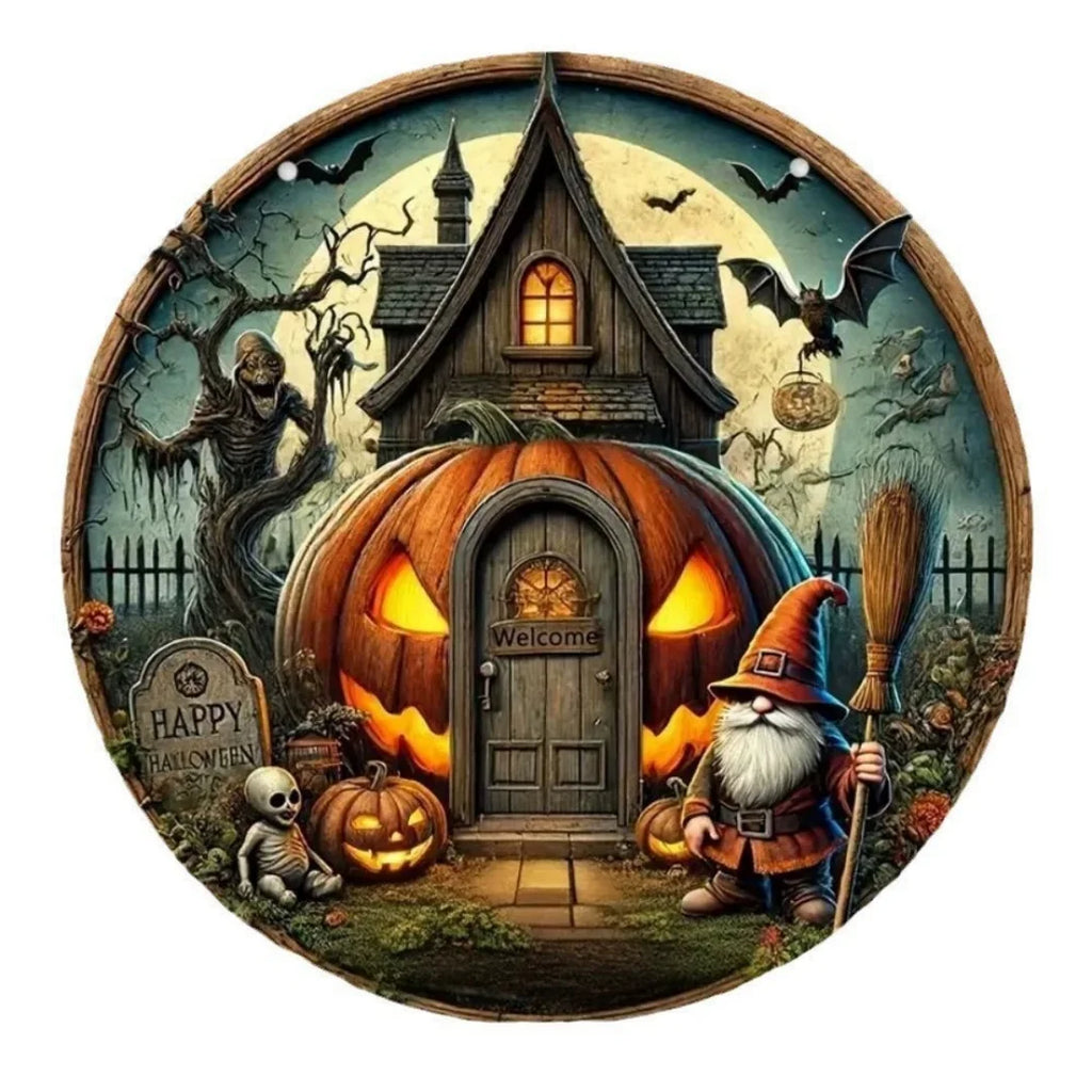 Halloween Wooden Wreath Logo Retro Pumpkin Head Horror Art Decoration Home Garden Courtyard Wooden Hanging Pendant Outdoor Props Oasis Select Style 6