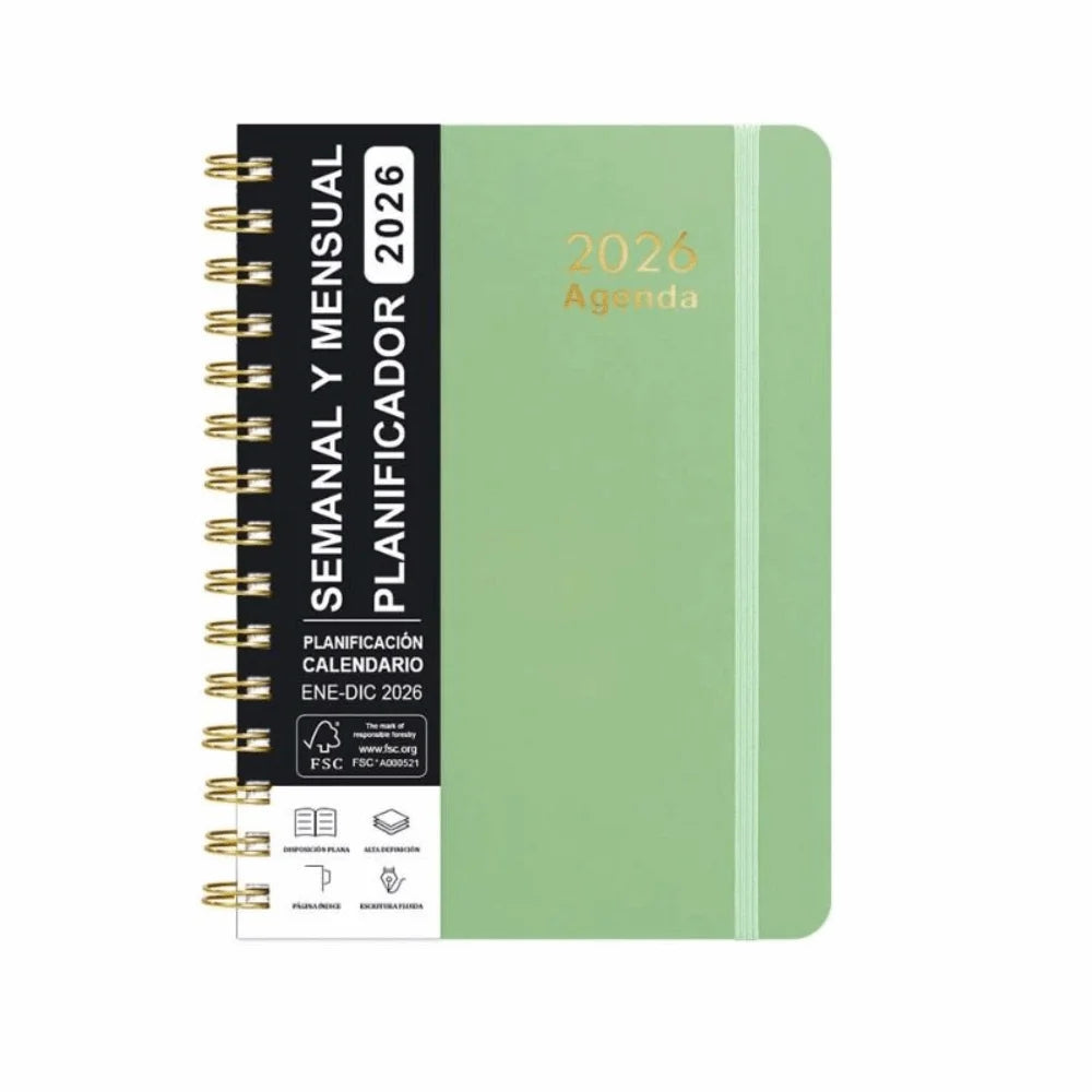 Spanish Planner A5 Notebook 2026 Self-Tracking Diary Planning Book Coil Calendar Essential Daily Organizer Multi Functional Oasis Select Green