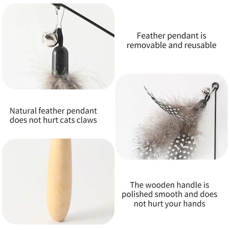 Spring Teasing Cat Stick Wooden Handle Cat Teaser Stick Toy Feather Funny Simulation Fishing Rod Bell Squeaky Cat Toy Oasis Select