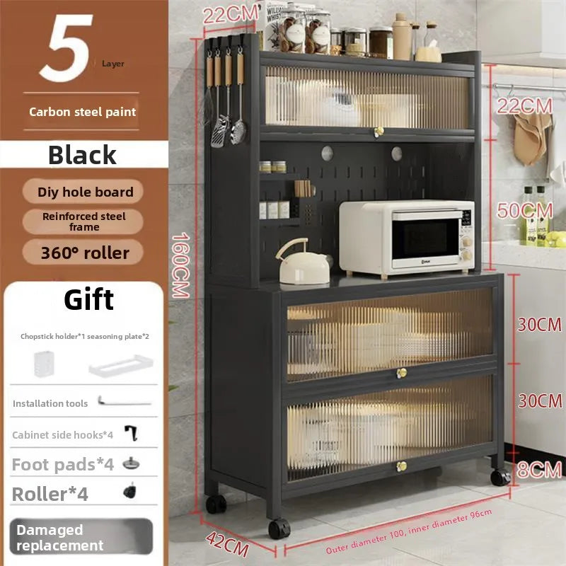 Kitchen Locker Carbon Steel Shelf with Door Household Side Cabinet Microwave Oven Storage Cabinet Cross-border Oasis Select Five layers of 100