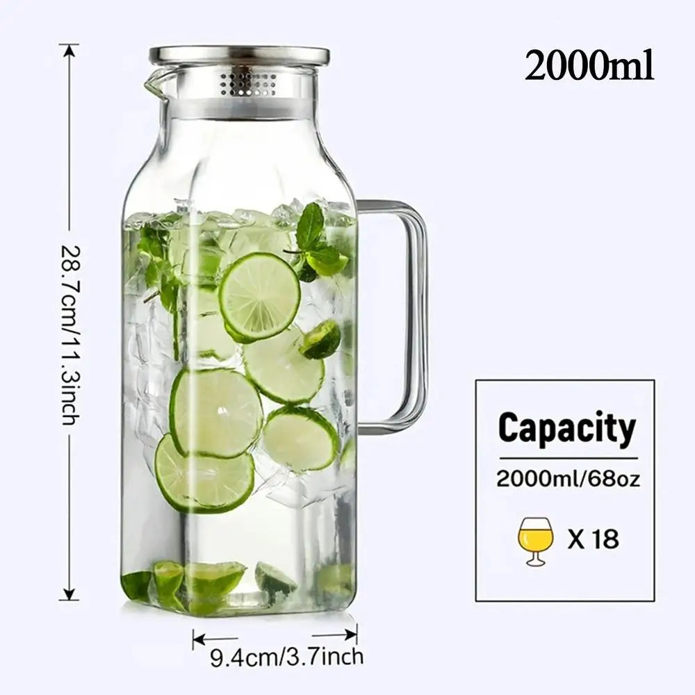 Glass Drink Pitcher 2L Beverage Jug with Handle and Lid Household Tea Pitcher for Tea Coffee Juice Milk Lemonade Refrigerator Oasis Select Clear
