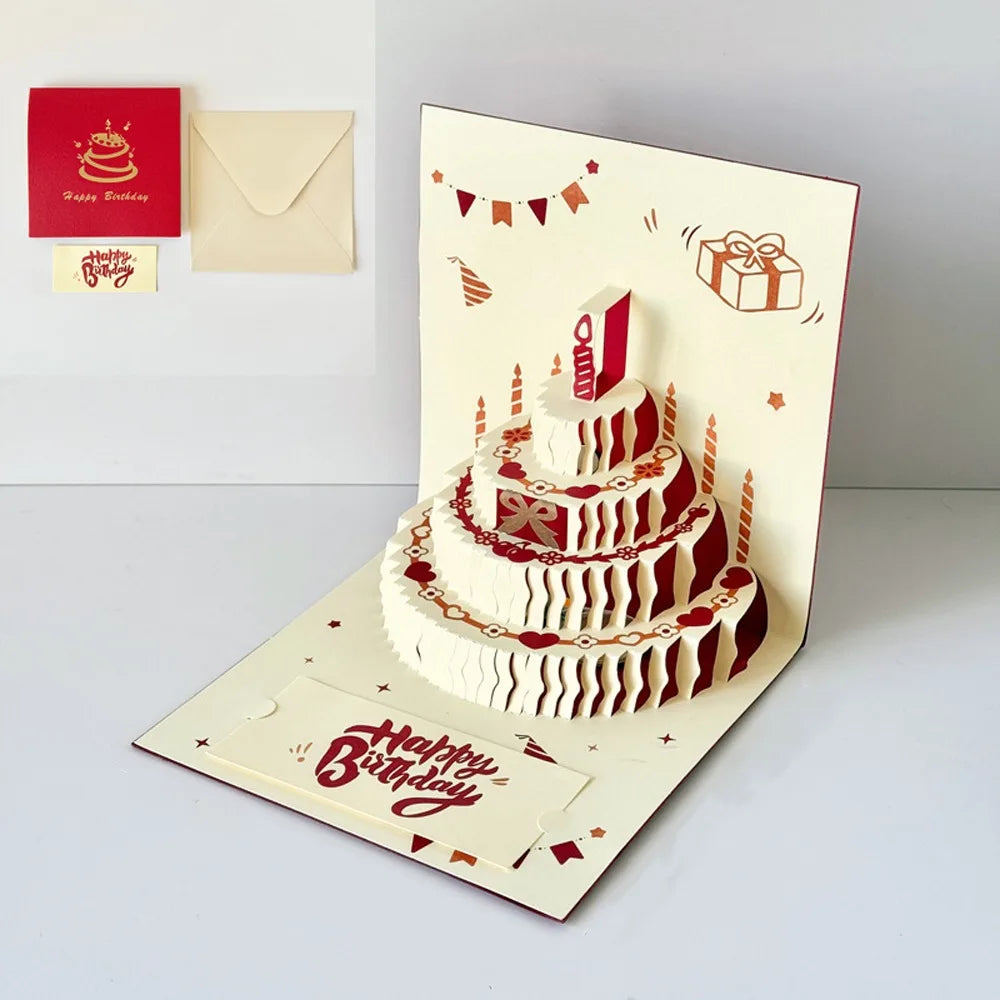 3D Pop-Up Happy Birthday Card – Four-Layer Cake & Envelope