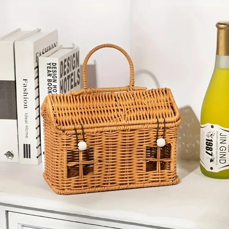 1pc Handwoven PE Rattan Picnic Basket, Durable Fruit Bread Snack Tote Bag, Portable Woven Storage Basket for Grocery Shopping Oasis Select