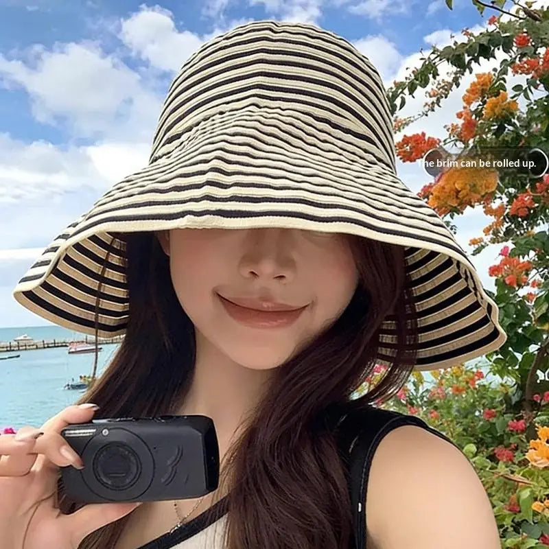 Striped Wide Brim Sun Hat Fisherman Cap Lightweight Summer Sun Hat for Women Color-block Striped Fisherman Hat for Beach Journey Oasis Select one size A