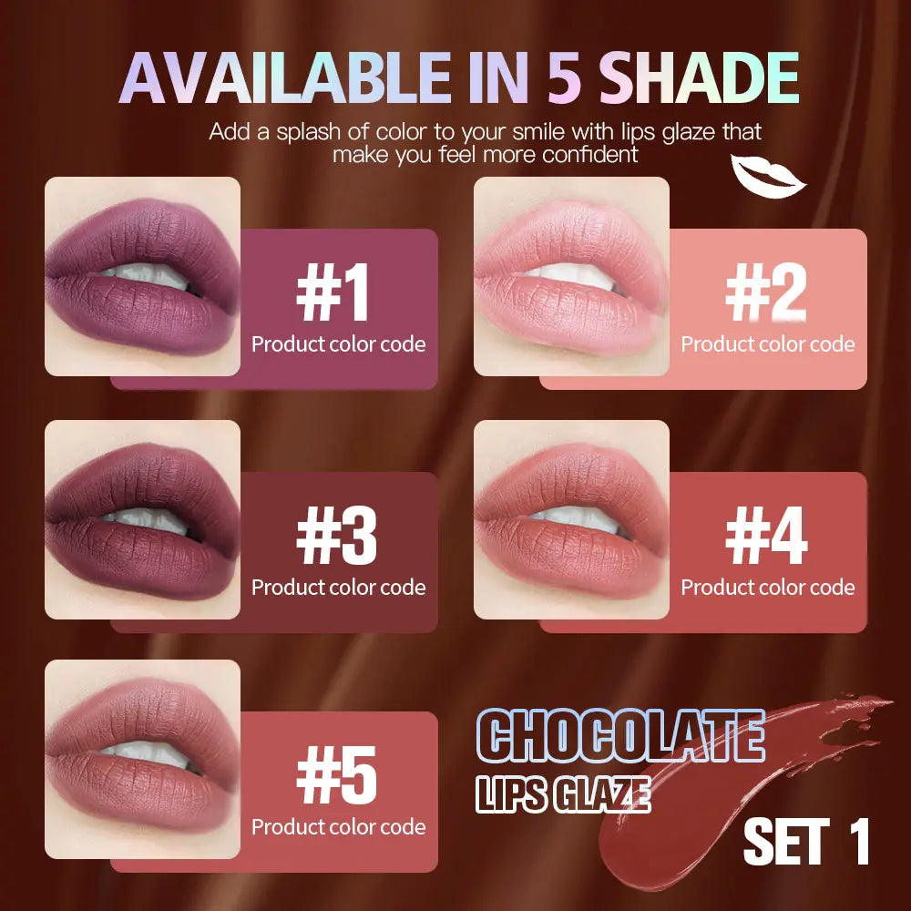 5-Pc Chocolate Matte Lip Gloss Set – Waterproof & Moisturizing Matte Lip Gloss Set Oasis Select