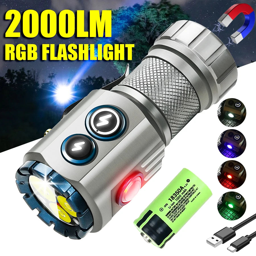 New Upgrade 3 LED Flashlight With RGB Side Lamp Type-C Rechargeable 2000 Lumens Torch Tail Magnet for Camping Hiking Lantern Oasis Select