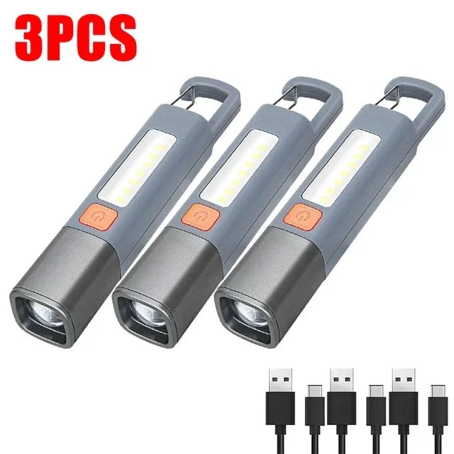 Mini Portable LED Flashlight USB Rechargeable With Hook Zoomable Torch Outdoor Camping Hiking Long-range Emergency Lantern Oasis Select 3PCS
