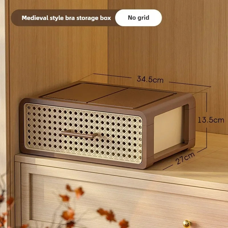 Home bedroom underwear storage box, home drawer style grid sorting wardrobe, antique style plastic rattan dust-proof storage box Oasis Select 1 layers A