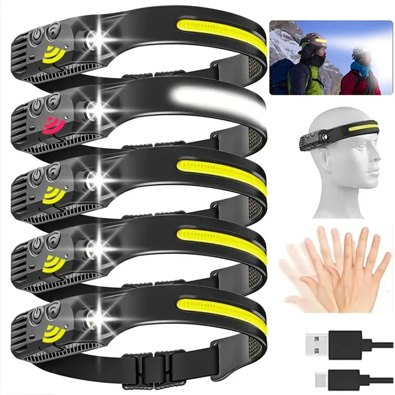 USB Rechargeable LED COB Sensor Headlamp White Light Head Torch Work Lamp Outdoor Waterproof Camping Fishing Lantern Headlight Oasis Select