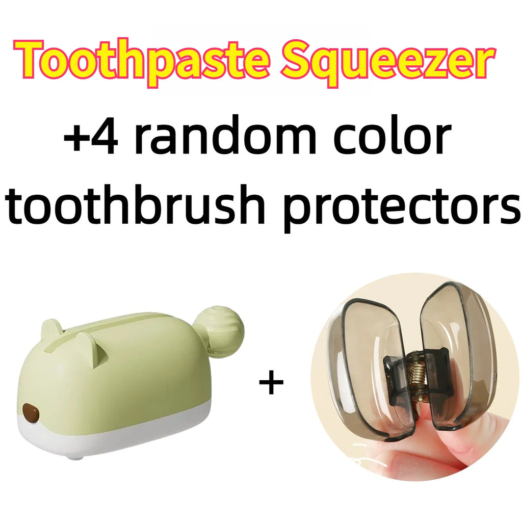Hamster Toothpaste Squeezer Set – Includes 4 Toothbrush Head Covers, Cute Lazy Dispenser & Holder, Hygienic Bathroom Organizer Oasis Select Green Set