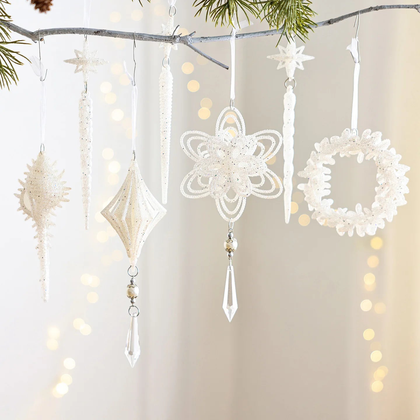 White Christmas Tree Hanging Ornaments – Candy, Chime & Wreath