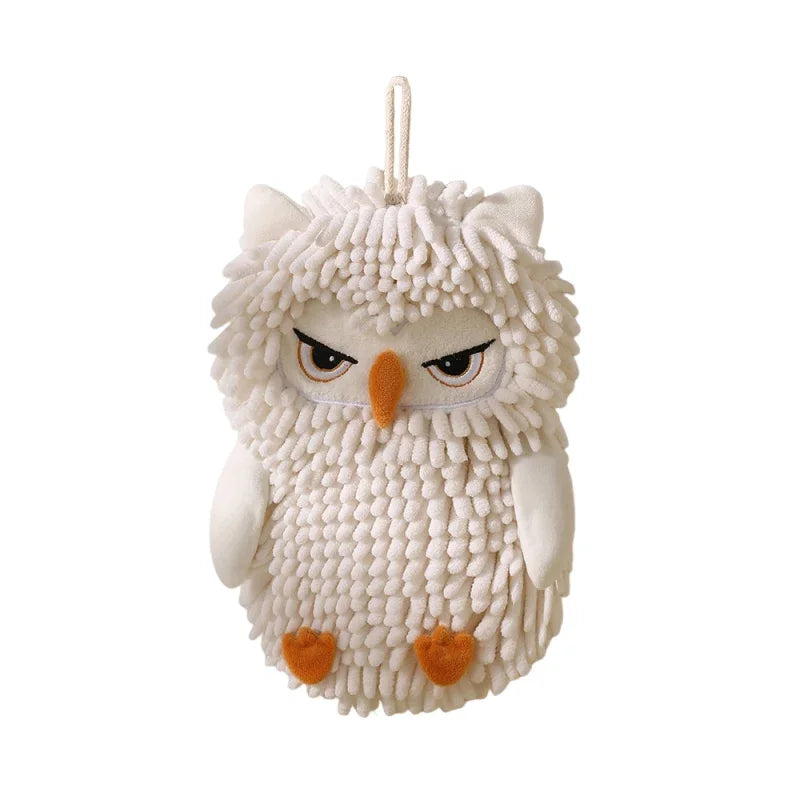 Cartoon Owl Chenille Hand Towel With Fuzzy Balls, Absorbent Fast-Drying Soft Hanging Towels For Bathroom And Kitchen Oasis Select White