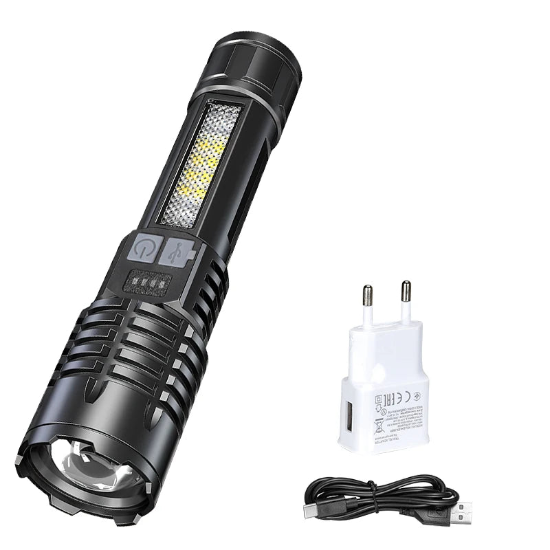 Ultra Bright LED Flashlight 2000LM Type-C Rechargeable Long Range Zoom Tactical Torch Outdoor Emergency Camping Fishing Lantern Oasis Select 1PC with EU ZOOM