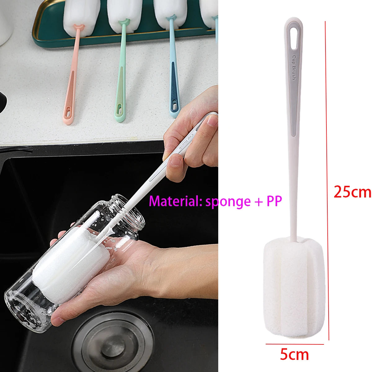 Long Handle Cup Brush,Kitchen Glass Bottle Cleaning Brush,Milk Bottle Tea Cup Scrubber,No-Electricity Required Cleaning Tool Oasis Select style D White