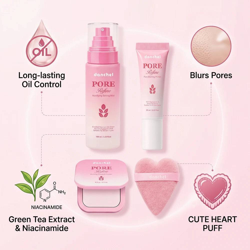 Pore Refine Blot & Porefect Set Pore-Blurring 12h Matte Oil Control Primer, Setting Spray, Touch-up, Powder Puff 4PCS Makeup Kit Oasis Select