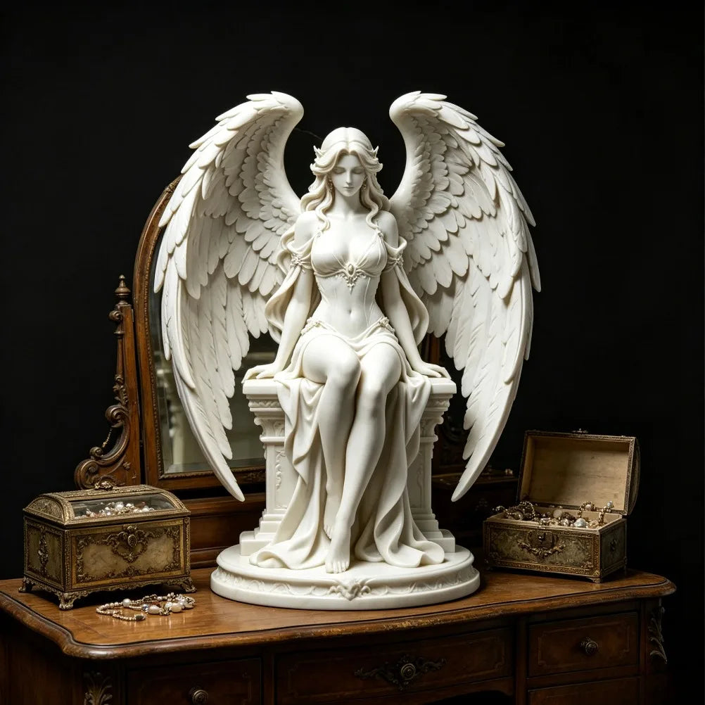 Graceful Sitting Winged Goddess Sculpture Neoclassical 3D Printing Angel Figurine Layered Feather Wings Tabletop Decor Oasis Select