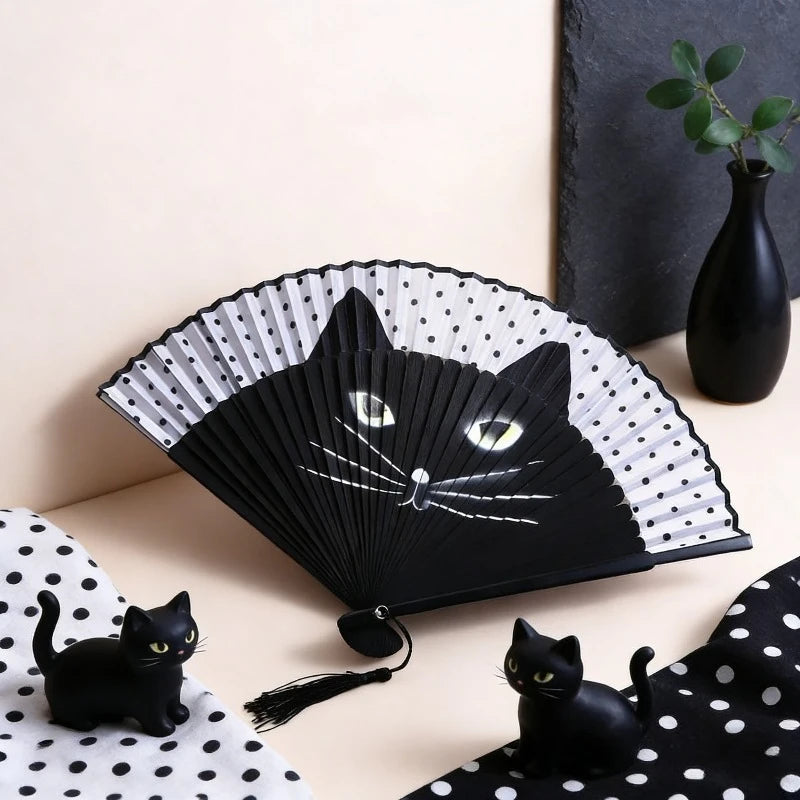 Popular Lovely Chinese Style Quality Plastic Cartoon Summer Gift Cat Patterns Folding Fan Fan Crafts Home Decoration Silk Fan Oasis Select
