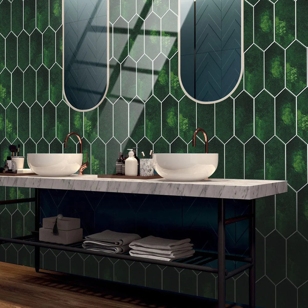 Retro dark green diamond arrow shaped crystal ceramic tile paste self-adhesive floor paste home kitchen renovation wall paste Oasis Select