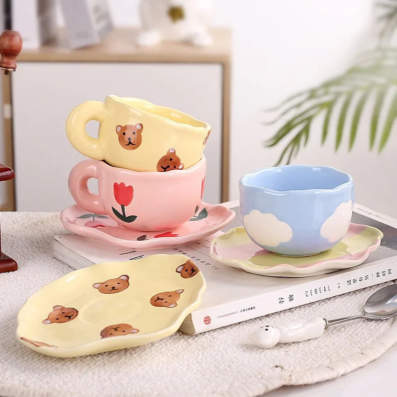 180Ml Handmade Ceramic Coffee Cup and Saucer for Afternoon Tea Milk Cup and Saucer Latte Cup Dessert Plate Creative Gift Oasis Select