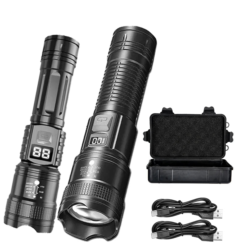 High Strong Power Led Flashlights 2000LM Tactical Torch with Display Light USB Charging Camping Fishing Emergency Zoom Lantern Oasis Select Package List C ZOOM