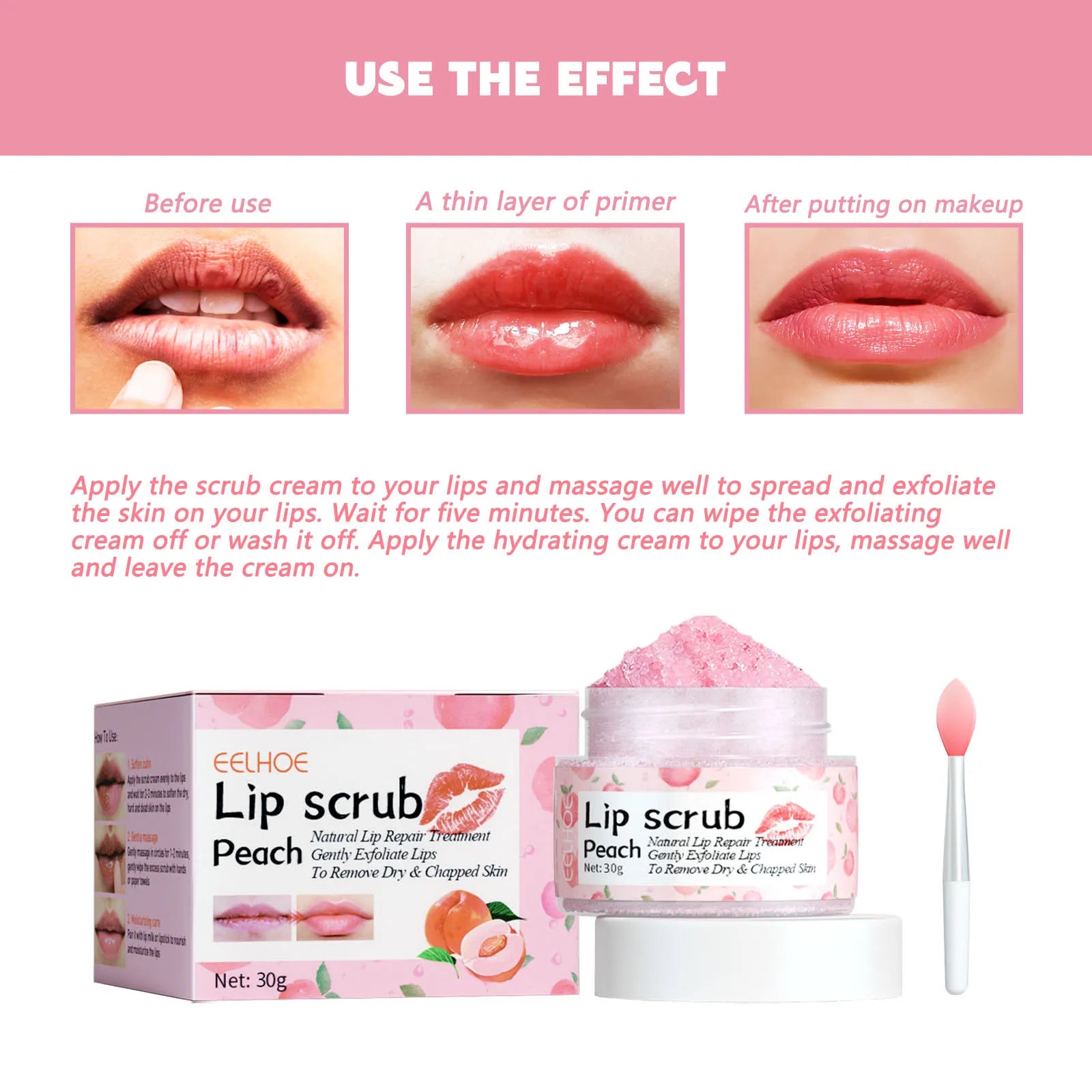 Peach Lip Scrub Moisturizing ＆ Moisturizing Lips Preventing Drying ＆ Cracking Diminishing ＆ Improving Dark Skin Around Lips 30g Oasis Select
