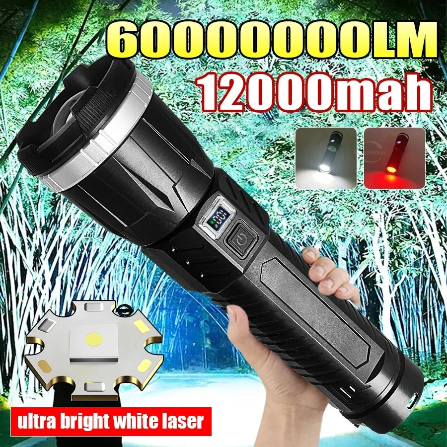Most Poweful LED Flashlight 6000000LM Strong Light Torch Rechargeable Lamp High Power Long Shot 4km Tactical Flashlights Camping Oasis Select